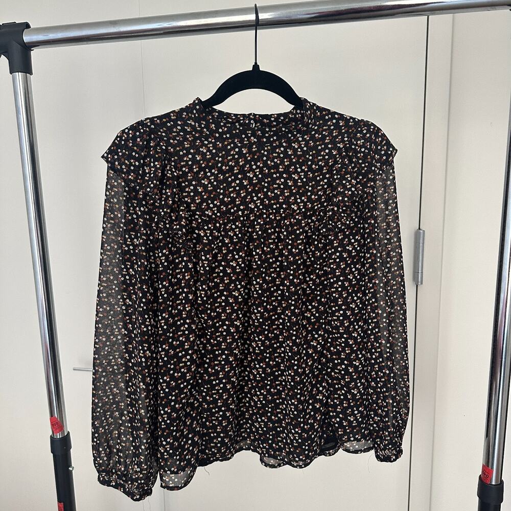 Madewell Chiffon Blouse black floral business chic size M